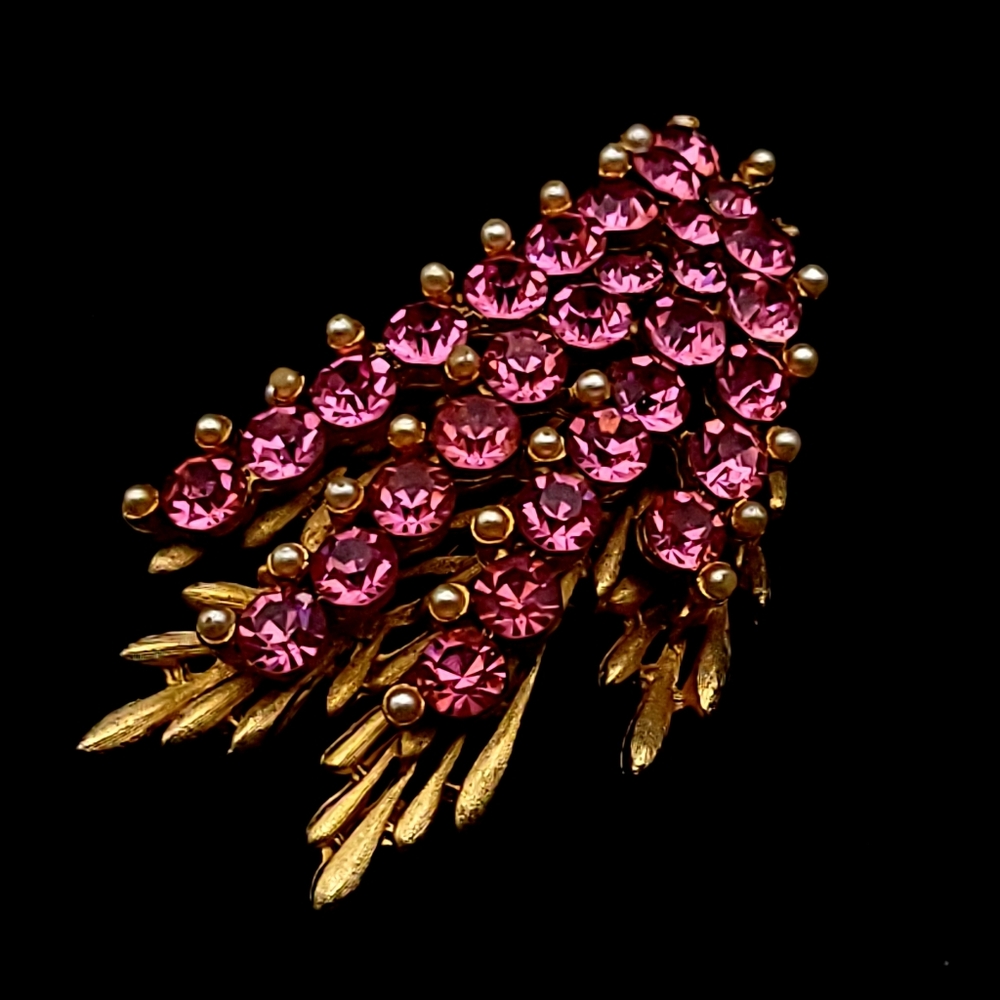 Vintage BSK Gold Tone Brooch with Pink Rhinestones & Faux Pearls – Floral Spray
